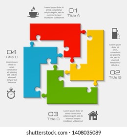 Four sided 3d square puzzle presentation. Abstract puzzle infographic template explanatory text field for business statistics. Vector 4 pieces puzzles illustration. Section four compare service banner