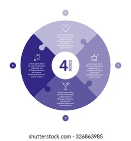 Four sided flat monocolor puzzle presentation infographic chart. Numbered with icons and explanatory text isolated on white background. Vector graphic template.