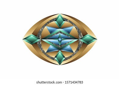 Four Sided Geometric Polygon, Symbolic Icon in Gold  Marble with Emeralds  Saphires