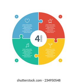 Four sided, numbered flat rainbow spectrum colored puzzle presentation infographic chart with explanatory text field isolated on white background. Vector graphic template.