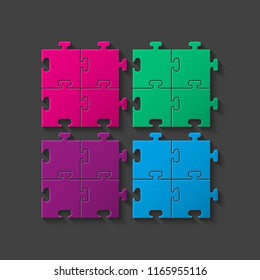 Four sided puzzle presentation. Abstract puzzle infographic template explanatory text field for business statistics. Vector four pieces puzzles illustration background. Section compare service banner