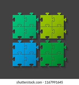 Four sided puzzle presentation. Abstract puzzle infographic template explanatory text field for business statistics. Vector four pieces puzzles illustration background. Section compare service banner