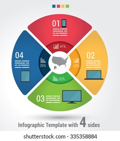 Four sides infographic template, a vector chart with 4 options used for web, banners, reports, presentation and brochures.