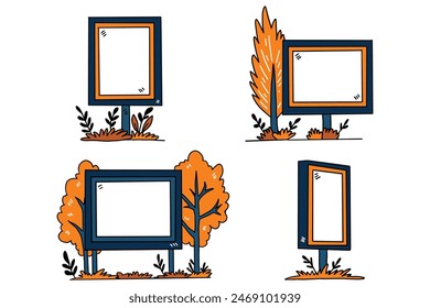 Four signs with trees and grass in the background. The first sign is a square with a white background and a black border
