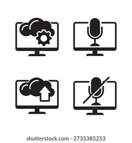 Four silhouette icons of cloud and mic upload