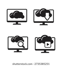 Cuatro iconos de silueta de almacenamiento en la nube y medios