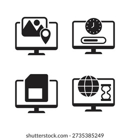 Four silhouette icons of sim and globe network