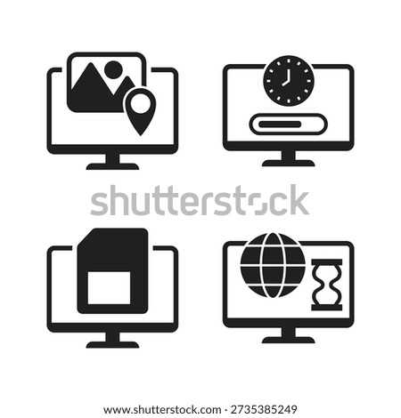 Four silhouette icons of sim and globe network