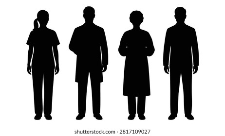 Four silhouette people standing next to each other