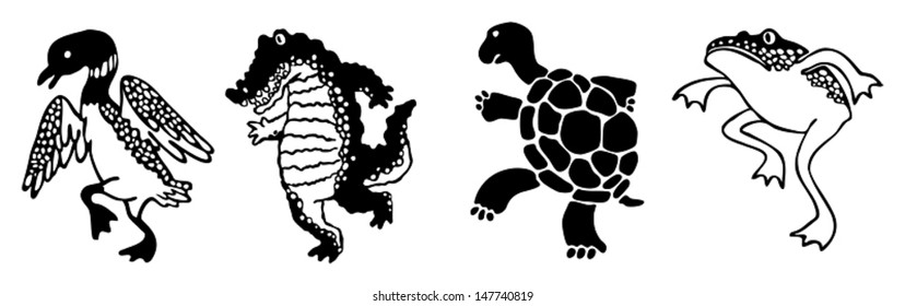 Four silhouette wetland animals crane heron turtle crocodile alligator frog toad stepping in parade with Asian Chinese or Japanese oriental style icon, create by vector