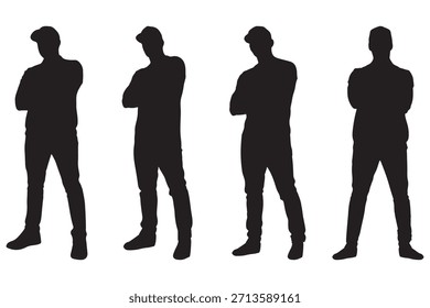 Cuatro figuras siluetadas de hombres de pie con los brazos cruzados, mostrando una postura segura y casual. Las figuras oscuras se colocan sobre un fondo claro, enfatizando sus contornos y poses.