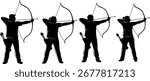 Four silhouetted figures are shown from the chest up, each drawing a bow and arrow, ready to shoot. Two figures are male, and two are female, with quivers of arrows visible on their backs.