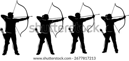 Four silhouetted figures are shown from the chest up, each drawing a bow and arrow, ready to shoot. Two figures are male, and two are female, with quivers of arrows visible on their backs.