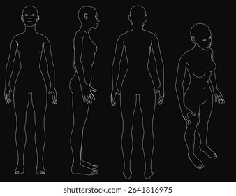 Four silhouetted figures stand against a dark background, their contours sharply defined. The set includes a girl among the group, creating a striking visual contrast.