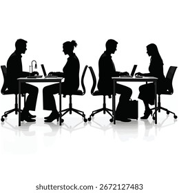 Cuatro figuras de silueta, dos hombres y dos mujeres, están sentados en escritorios de oficina, trabajando en computadoras portátiles.