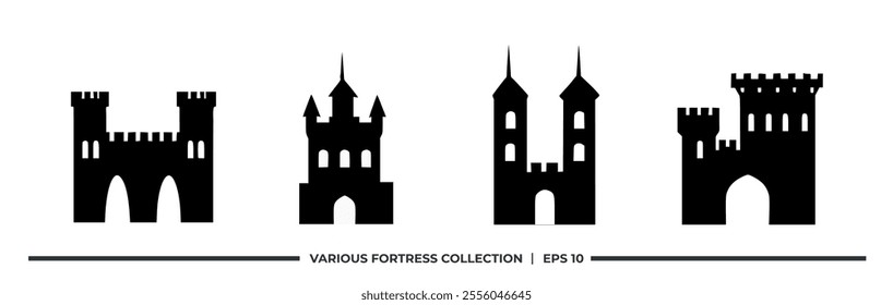 Four silhouetted fortress designs for graphic use.