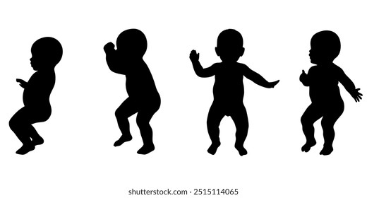 Four silhouettes of babies in different positions, one of which is sitting. Scene is playful and lighthearted, as the babies are depicted as having fun and engaging in various activities