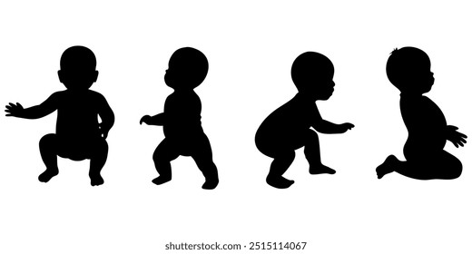 Four silhouettes of babies in different positions. The first baby is sitting, the second is standing, the third is squatting, and the fourth is kneeling