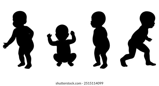 Four silhouettes of babies in different positions. The first baby is in a squatting position, the second is standing, the third is in a kneeling position, and the fourth is in a standing position