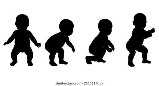 Four silhouettes of babies in different stages of development. The first baby is standing, the second is squatting, the third is kneeling, and the fourth is on its hands and knees