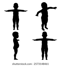 Four silhouettes of a baby in different poses. The first one is a baby with arms crossed and the other three are babies with their arms outstretched