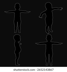 Four silhouettes of a baby with outstretched arms stand against a black background in crisp vector format. The minimalist design highlights the child's playful pose with clean lines and high contrast.