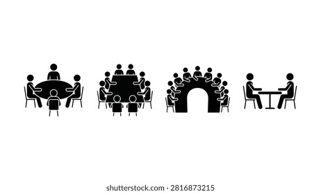 Four silhouettes depict various group meeting arrangements around tables and a semicircle