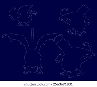 Four silhouettes of different types of dragons. The first one is a large dragon with a long tail and wings