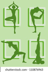 Four silhouettes of girls practicing yoga. File EPS(10)