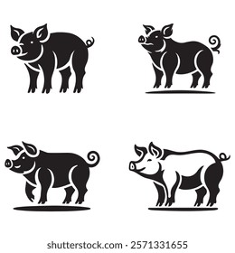 Four Silhouettes of Happy Pigs in a Monochrome Design