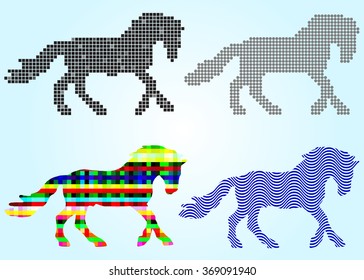 Four silhouettes of horses squares, mosaic, gray circles, blue waves