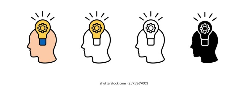 Four silhouettes of human heads with light bulbs and gears representing innovative and creative ideas.