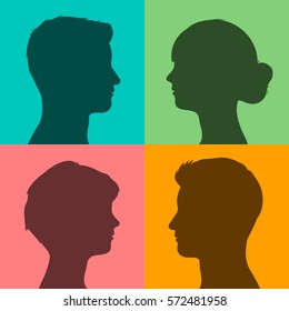 Four silhouettes of male and female heads in profile on different brightly colored backgrounds, vector illustration for avatars or internet