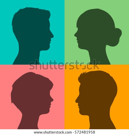 Four silhouettes of male and female heads in profile on different brightly colored backgrounds, vector illustration for avatars or internet