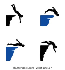 Four silhouettes of people jumping off cliffs into water various poses and cliff colors