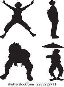 Four silhouettes of people are shown with one of them doing a jump.