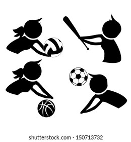 four silhouettes practicing some sports in the white background