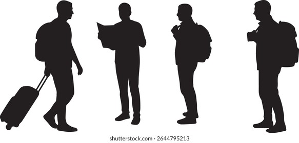 four silhouettes of travelers engaged in different activities, suggesting the diverse experiences of travel.