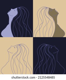 four silhouettes of a woman with her head tilted back and flowing hair in profile. simple vector illustration in doodle style in very peri color on black and light brown backgrounds