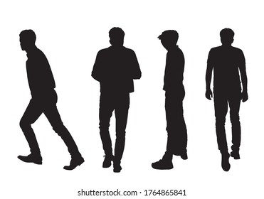 Four silhouettes of a young man walking isolated on white background