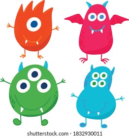 Cuatro monstruos vectores de dibujos animados tontos con varios ojos