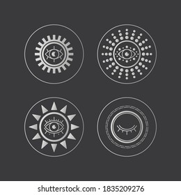 Four Silver Abstract outline Suns or Moons with Eyes. Minimalistic round Icons. Astrology esoteric mystic concept. Elegant geometric design. Trendy Vector Set. Simple design. All elements are isolated