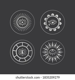 Four Silver Abstract outline Suns or Moons with Eyes. Minimalistic round Icons. Astrology esoteric mystic concept. Elegant geometric design. Trendy Vector Set. Simple design. All elements are isolated