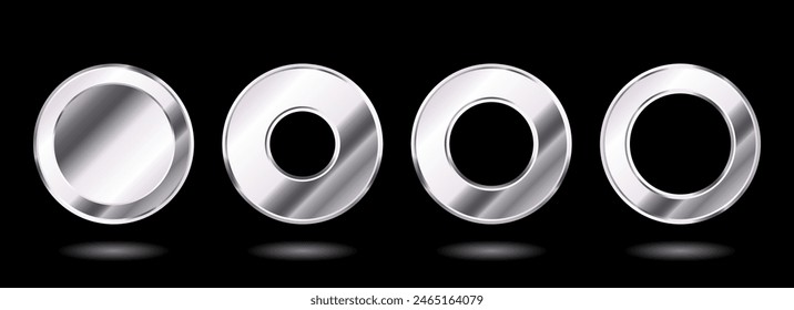 Four silver coins and circles, realistic frames, luxury graphic design elements. Vector illustration.