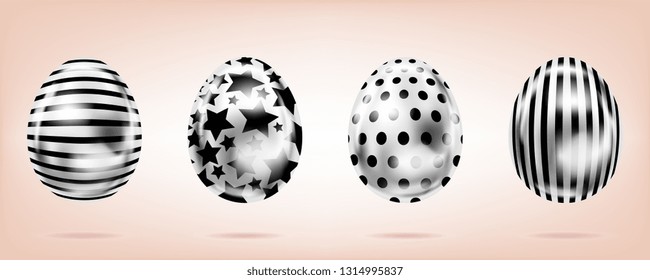 Four silver eggs on the pink background. Isolated objects for Easter decoration. Star, dots and stripes ornate
