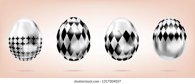 Four silver eggs on the pink background. Isolated objects for Easter decoration. Cross and domino rumb ornate