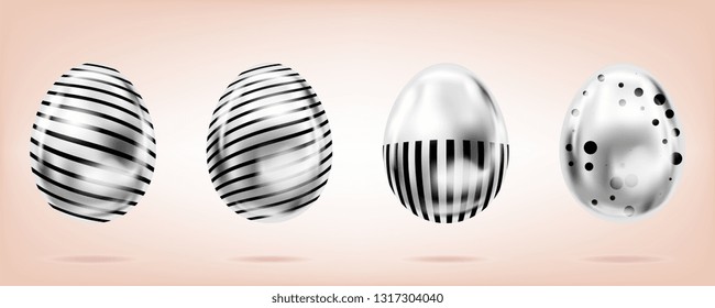 Four silver eggs on the pink background. Isolated objects for Easter decoration. Dots and stripes ornate