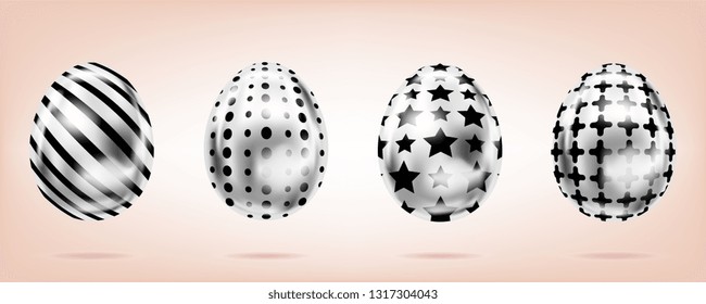 Four silver eggs on the pink background. Isolated objects for Easter decoration. Cross, dots, stripes and stars ornate