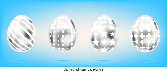 Four silver eggs on the sky blue background. Isolated objects for Easter decoration. Cross, dots, stripes and stars ornate