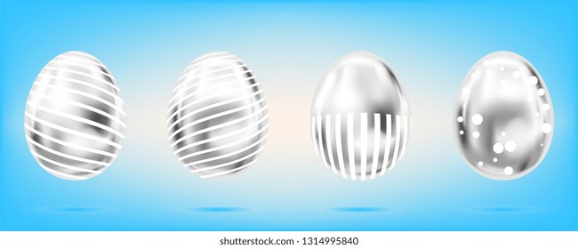 Four silver eggs on the sky blue background. Isolated objects for Easter decoration. Dots and stripes ornate